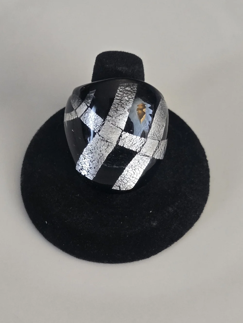 Chunky Black Silver Acrylic Statement Ring Size 7 Artisan Modern